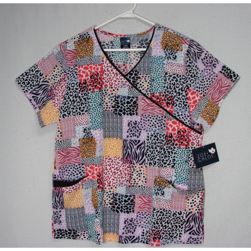 New Zoe + Chloe Performance Scrub Top Patchwork Animal Print Size L Pockets